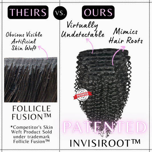 Upgrade from competitor's Follicle Fusion™ Clip-ins to our Patented InVisiRoot® Clip-ins. Experience True Undetectable Results: This is Lauren Dark Roots Blonde Cambodian Body Wavy texture InVisiRoot® Clip-ins