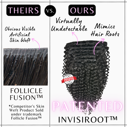Upgrade from competitor's Follicle Fusion™ Clip-ins to our Patented InVisiRoot® Clip-ins. Experience True Undetectable Results: This is Jennifer 4c Burmese Kinky Coily texture InVisiRoot® Clip-ins