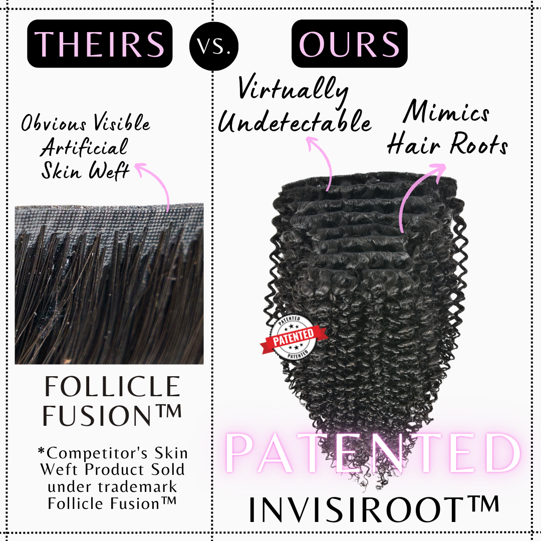 Upgrade from competitor's Follicle Fusion™ Clip-ins to our Patented InVisiRoot® Clip-ins. Experience True Undetectable Results: This is Jada Kinky Straight texture InVisiRoot® Clip-ins