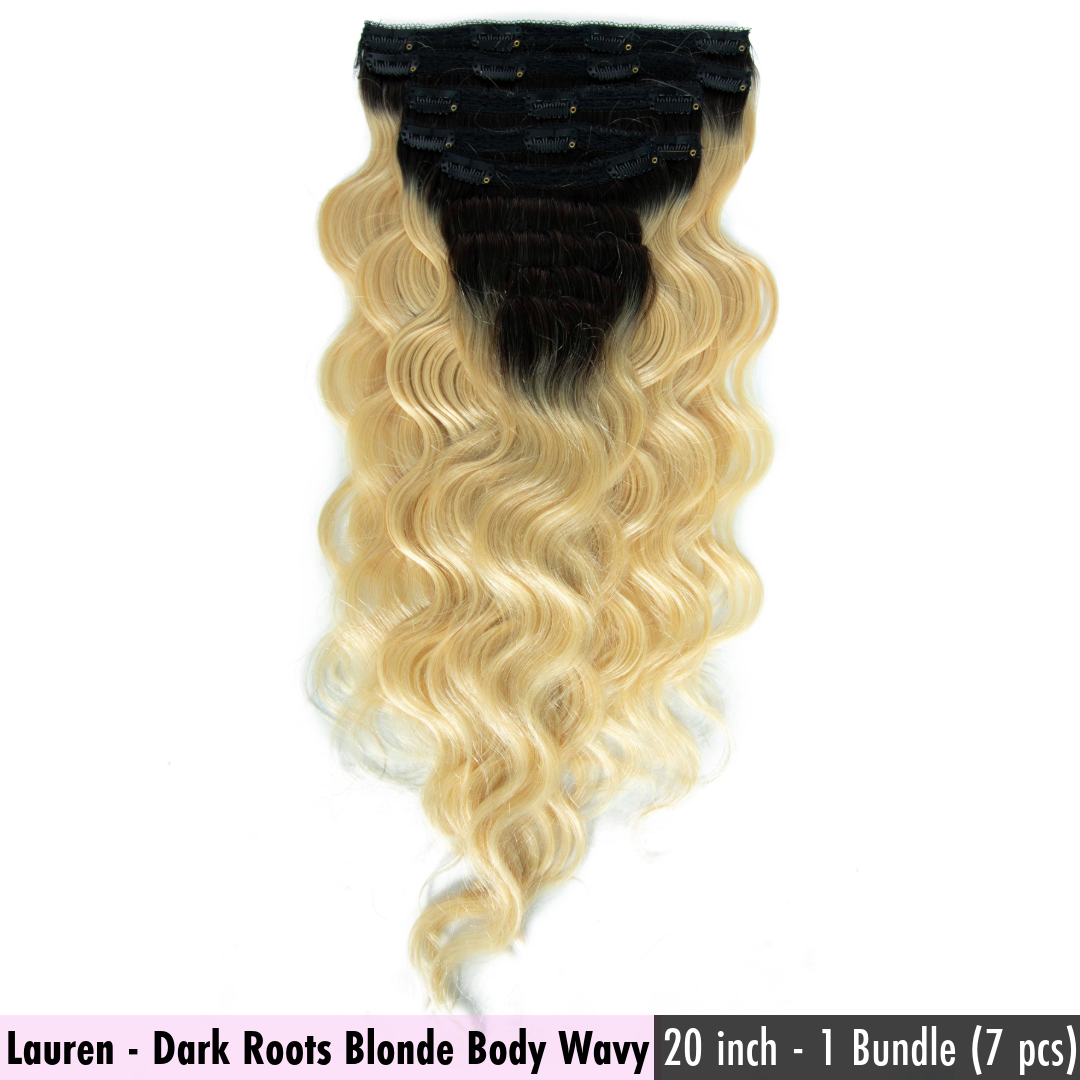 Lauren - Dark Roots Blonde Cambodian Body Wavy - InVisiRoot® Clip-ins (AKA TrueRoot™ Clip-ins)