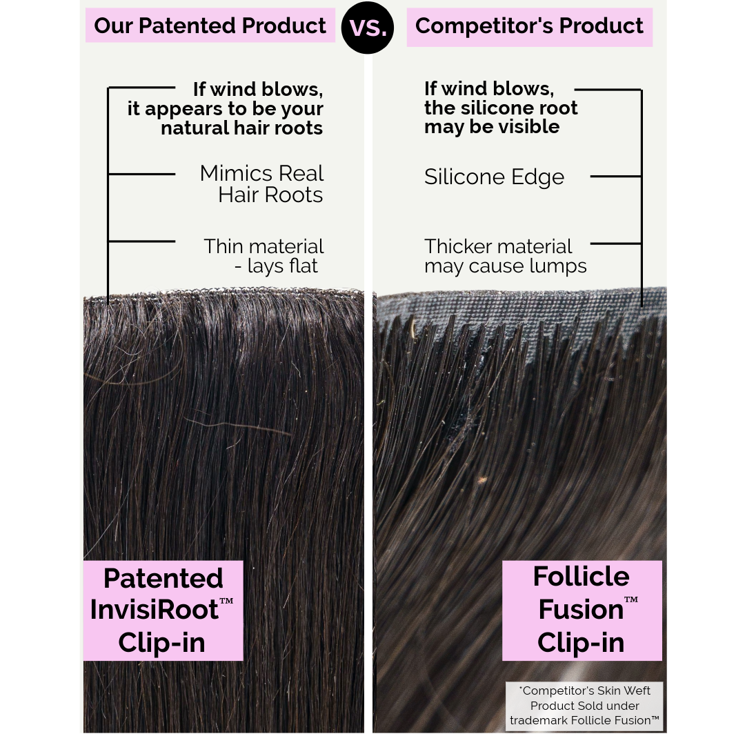 Upgrade from competitor's Follicle Fusion™ Clip-ins to our Patented InVisiRoot® Clip-ins. Experience True Undetectable Results: This is Dominique Cambodian Deep Body Wavy texture InVisiRoot® Clip-ins